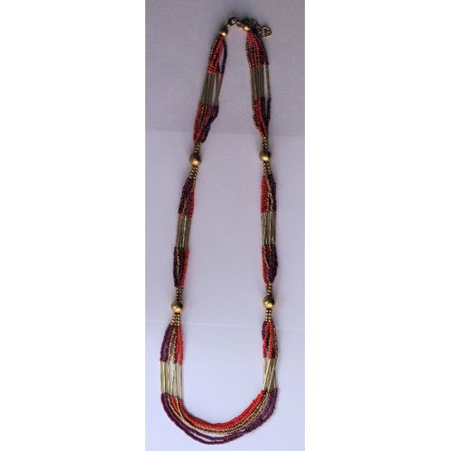 Collier Sautoir Multirangs Perles Orange Violet Doré Longueur 70 Cm