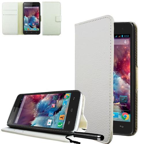 Étui Coque En Cuir Side Pour Wiko Highway Incl. Protecteur D'écran Et Stylus Touchpen Blanc