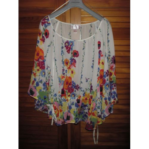 Tunique Col Rond Imprimée Fleurs Multicolore Sur Fond Blanc De Marque The Garden Collection By H&m ,De Taille 42 ,Manches Chauve Souris ,Cordon De Serrage Sur Les Hanches .