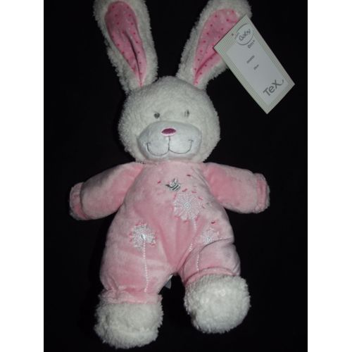 Doudou Lapin Rose Blanc Tex Peluche Bebe Fleurs Abeille Coeurs