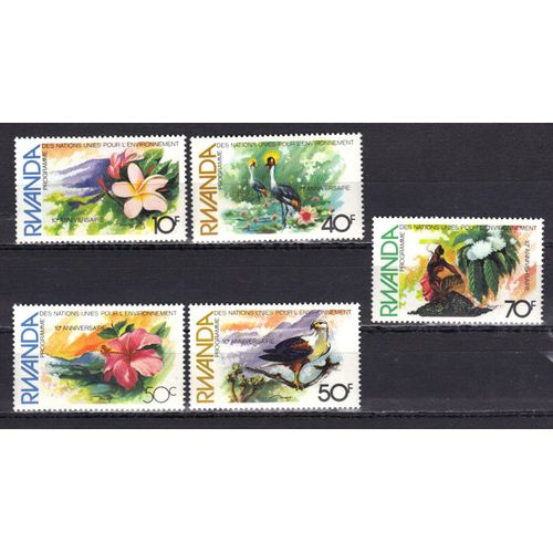 Rwanda 1982 : Oiseaux Et Fleurs : Allamanda / Grues Couronnées / Hibiscus / Aigle / Caféier - Série De 5 Timbres Neufs ** Cote 13 ¿