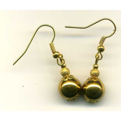 Boucles D'oreilles En Hématite Doré Avec Coupelles En Métal Doré Et Perles Granitées (Pierres De 10 Mm)