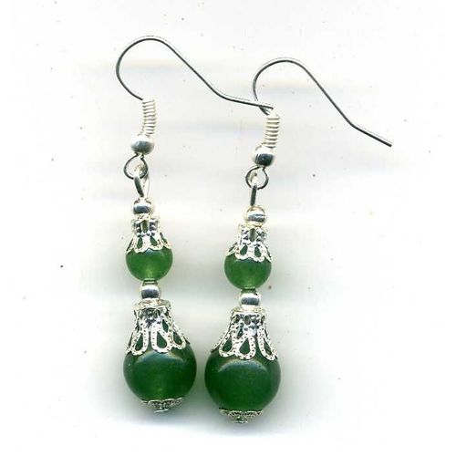 Boucles D'oreilles En Aventurine Verte Avec Coupelles Filigramées En Métal Argenté (Pierres De 6 Et 10 Mm)