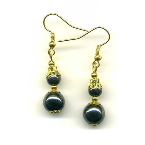 Boucles D'oreilles En Hématite Noire Avec Coupelles Filigramées En Métal Doré (Pierres De 6 Et 10 Mm)