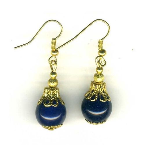 Boucles D'oreilles  En Agathe Bleue Avec Coupelles Filigramées En Métal Doré Et Perles Granitées (Pierres De 12 Mm)