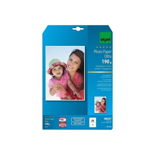 Sigel Ultra IP675 - Papier photo ultra brillant à séchage instantané - A4 (210 x 297 mm) - 190 g/m² - 20 feuille(s)