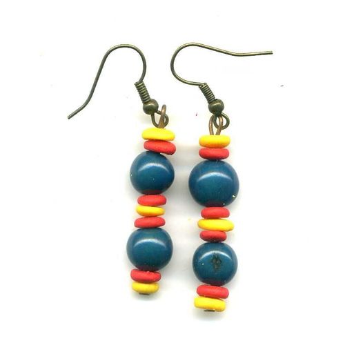 Boucles D'oreilles En Graines D'acaï (Graines De Palmier) De Teinte Bleue Foncé Séparé Par De La Fimo. Attache De Couleur Bronze. Très Nature. 3 Cm