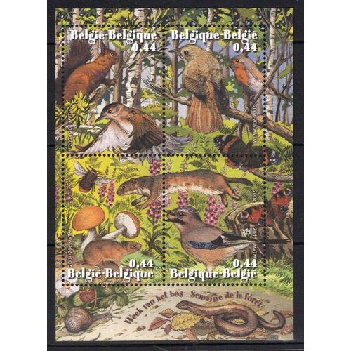 Belgique 2004 : Faune : Oiseaux De La Forêt : Rossignol / Rouge-Gorge / Geai Des Chênes  - Feuillet Neuf ** De 4 Grands Timbres -