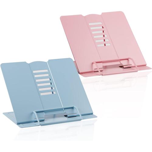 2 x Support Livre M¿¿tal Portable, Porte Livre de Cuisine, Chevalet Livre pour Adultes et Mineurs, Pupitre de Lecture pour ¿¿tude, Travail (Bleu+Rose)