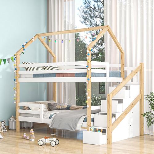 Dripex Lit Superposé 90 X 200 Cm Avec Échelles De Rangement,Barrières De Sécurité,Lit Cabane Pour Enfant,Bois De Pin,Blanc