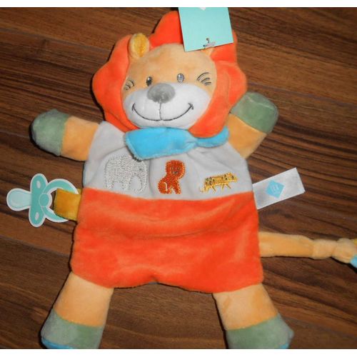 Doudou Lion Tex Baby Jaune Blanc Attache Tetine Peluche Bebe