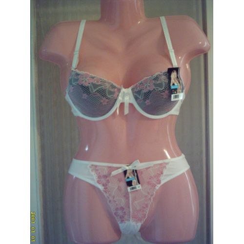Ensemble Lingerie Soutien Gorge & String, Blanc,Noir Et Rose, T: 36/ 80 C. Qianzibeifang