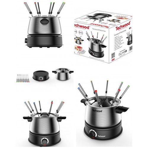 APPAREIL A FONDUE 1500W 8 PERS EN INOX 1500W CAPACITE 1,4L anti-projections Thermostat réglable + 8 Pics à fondue Colorés