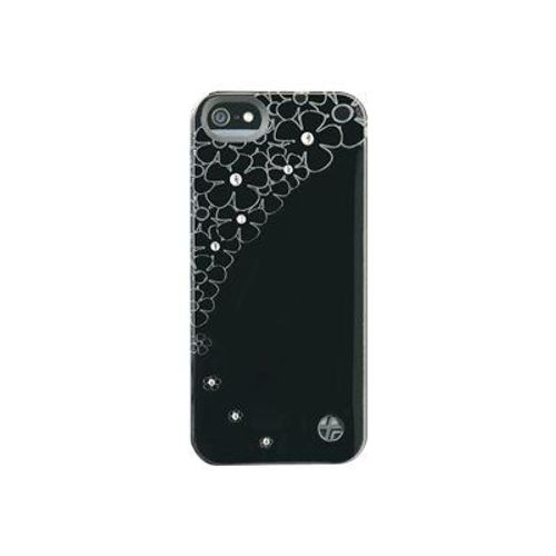 Trexta Crystal - Coque De Protection Pour Téléphone Portable - Cuir Véritable - Noir Avec Motif Fleurs