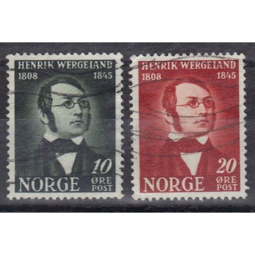 Norvege 1945 : Centenaire De La Mort Du Poète Henrik Wergeland (1808-1845) - Série De 2 Timbres Oblitérés