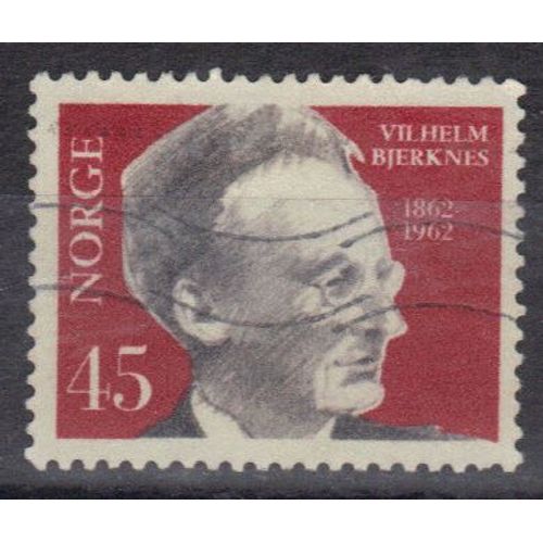Norvege 1962 : Centenaire De La Naissance Du Professeur Vilhelm Bjerknes (1862-1951) - Timbre 45 O. Rouge Sombre Et Gris Oblitéré