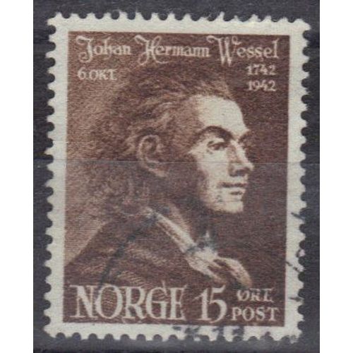 Norvege 1942 : Bicentenaire De La Naissance Du Poète Johan Herman Wessel (1742-1785) - Timbre 15 O. Brun Oblitéré