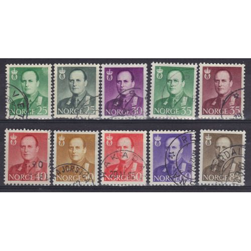 Norvege 1958 : Roi Olav V Vue De Face - Série De 10 Timbres Oblitérés
