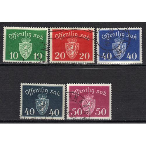 Norvege 1937/46 : Armoiries Nationales - Lot De 5 Timbres De Service "Offentlig Sak"Oblitérés