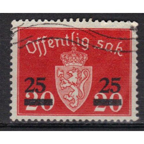 Norvege 1937 : Armoiries Nationales - Timbre De Service "Offentlig Sak" Rouge Oblitéré Surchargé