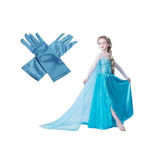 Superb Robe +  Gants Bleu Elsa La Reine Des Neiges Grande Taille Enfant 8 À 12 Ans Pour Fête Anniversaire Soirée Look Princesse 