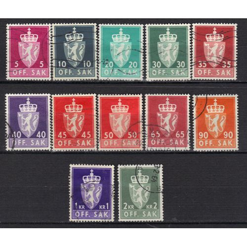 Norvege 1955 : Ecusson : Couronne Et Lion - Série De 12 Timbres De Service Oblitérés