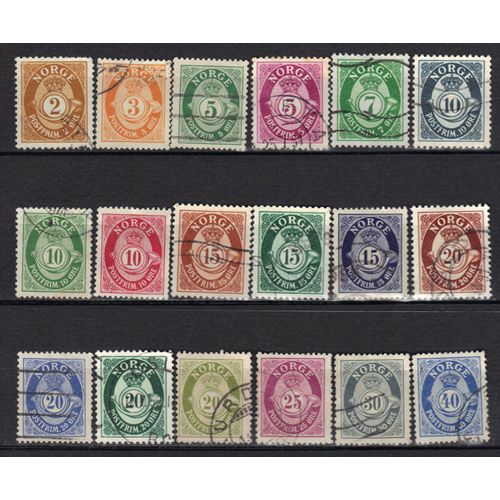 Norvege 1937 :  Chiffres Avec Couronnes Et Cors - Série De 18 Timbres Oblitérés