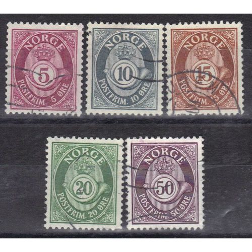 Norvege 1938 :  Chiffres Avec Couronnes Et Cors - Série De 5 Timbres Oblitérés