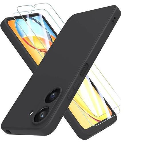 Hqselection® Coque Silicone Noir Mat Pour Xiaomi Redmi 13c/Poco C65 + 2 Verre Trempé Film Protection Écran - Anti Rayures - Ultra Résistant Dureté 9h