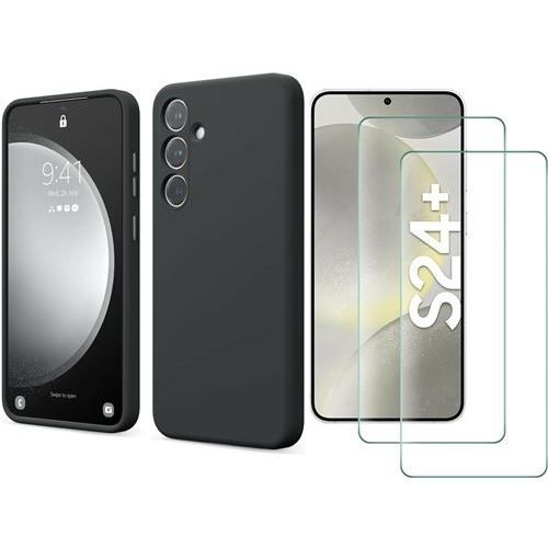 Hqselection® Coque Silicone Noir Mat Pour Samsung Galaxy S24 Plus 5g + 2 Verre Trempé Film Protection Écran - Anti Rayures - Ultra Résistant Dureté 9h