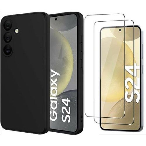 Hqselection® Coque Silicone Noir Mat Pour Samsung Galaxy S24 5g + 2 Verre Trempé Film Protection Écran - Anti Rayures - Ultra Résistant Dureté 9h