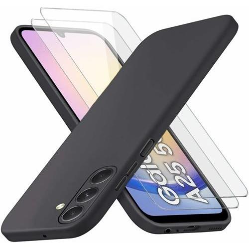 Hqselection® Coque Silicone Noir Mat Pour Samsung Galaxy A25 5g + 2 Verre Trempé Film Protection Écran - Anti Rayures - Ultra Résistant Dureté 9h