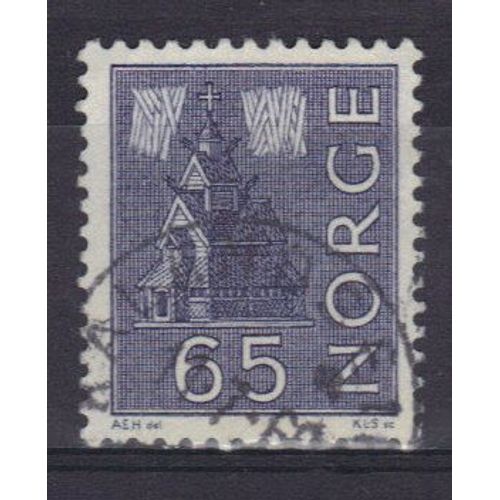 Norvege 1962 : Eglise En Bois Sculpté Et Aurore Boréale - Timbre 65 O. Bleu-Gris Oblitéré