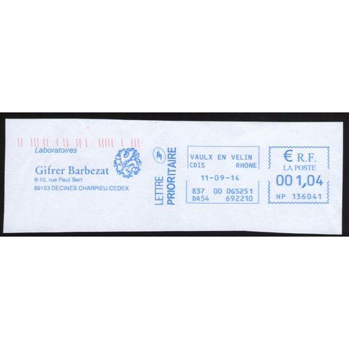 France Ema Empreinte Postmark Gifrer Barbezat Laboratoire 69153 Decines Charpieu