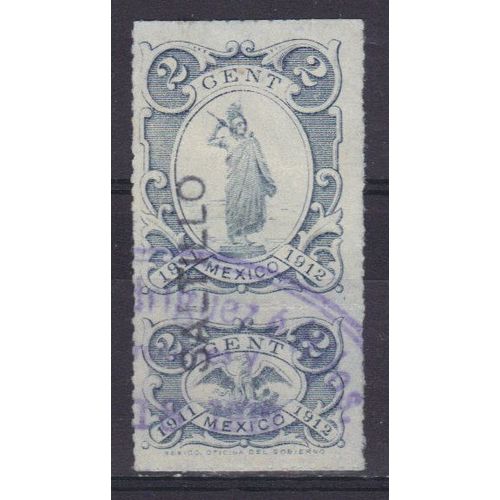 Mexique 1915 : Armoiries Et Aigle - Timbre Fiscal 2 C. Vert-Gris Oblitéré Avec En Surcharge Verticale Saltillo