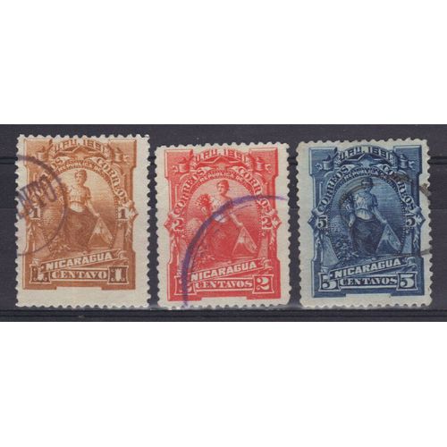 Nicaragua 1891 : Armoiries - Série De 3 Timbres Oblitérés