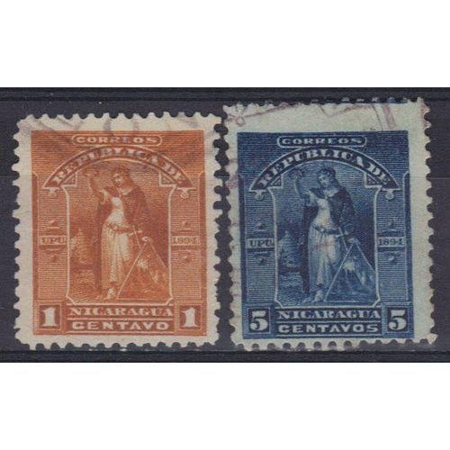 Nicaragua 1894 : Armoiries - Série De 2 Timbres Oblitérés 