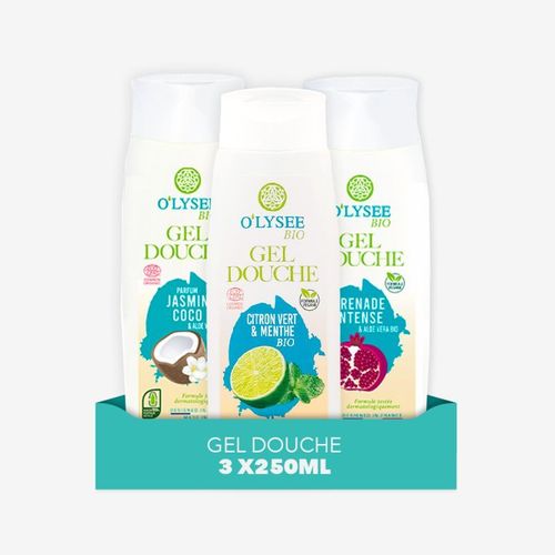 Pack De 3x250ml Gel Douche Bio, Grenade Intense, Jasmin Coco, Citron Vert O'lysee Op3gdgijccv 