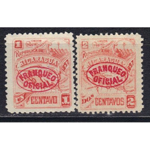 Nicaragua 1896 : Carte Du Nicaragua - Série De 2 Timbres De Service Oblitérés Avec Surcharge Carmin Franqueo Oficial Cote 7 