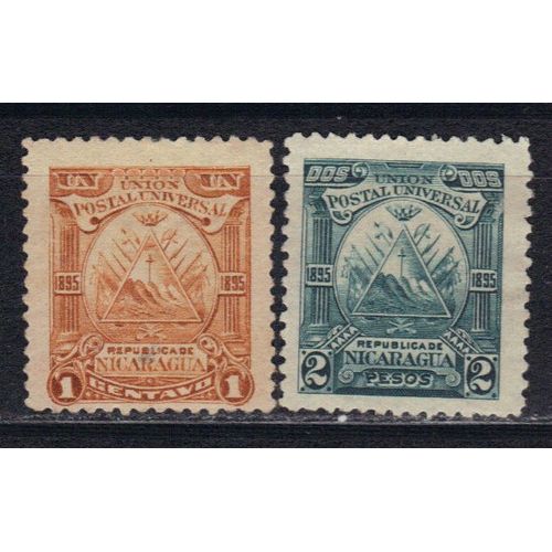 Nicaragua 1895 : Armoiries : U.P.U. : Cadres Variés - Série De 2 Timbres Oblitérés Cote 10,50 
