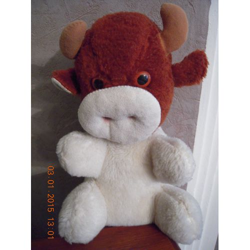 Peluche Vache Vintage Blanche Et Marron