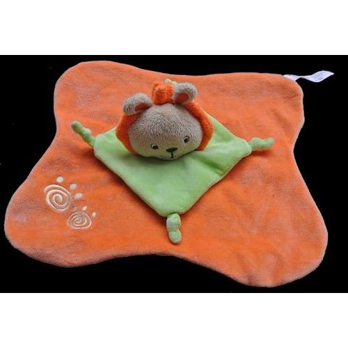 Doudou Peluche Plat Lion Logitoys Orange Vert   Grelot 4 Noeuds