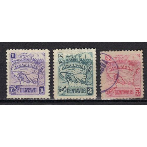 Nicaragua 1896 : Carte Du Nicaragua - Série De 3 Timbres Oblitérés