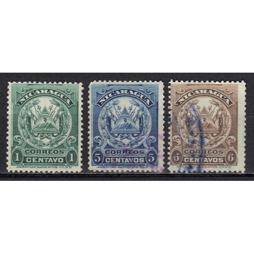 Nicaragua 1905 : Armoiries - Série De 3 Timbres Oblitérés