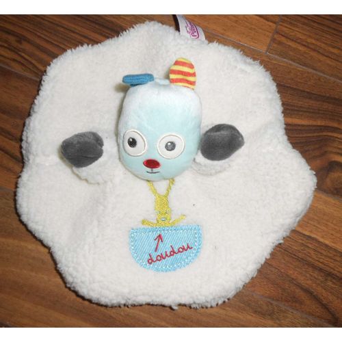 Doudou Lapin Pommette Plat Et Rond En Velours Blanc, Bleu Poche Rayée Avec Lapin Brodée En Vert
