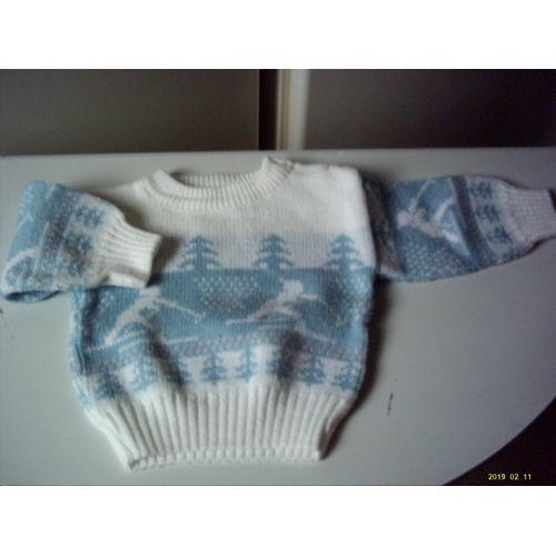 Pull Pour Bébé, 3 Mois, En Laine Blanc Et Bleu.