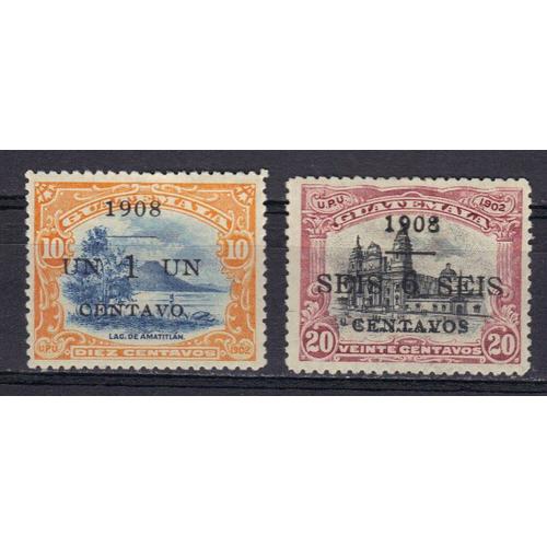 Guatemala 1908 : Lac D'amatitlan / Cathédrale De Guatemala - Série De 2 Timbres Neufs * Surchargés