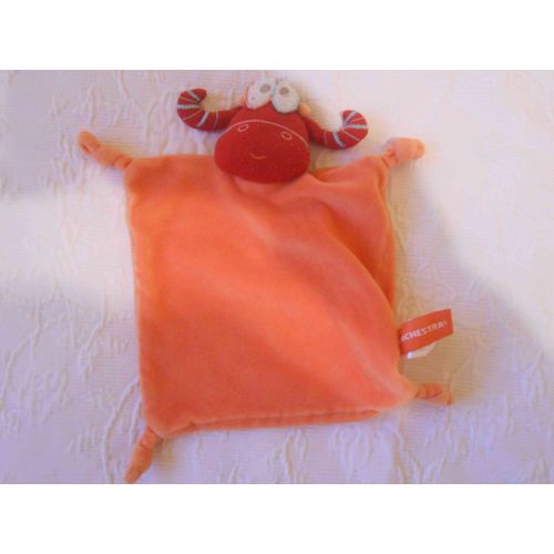 Doudou Orchestra Taureau Vache Plat Orange Tete Rouge Gros Yeux 4 Noeuds