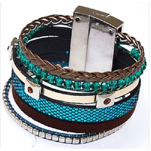 Bracelet Strass Wrap Manchette Cuir Magnétique - 6 Bandes - Bleu Turquoise / Marron / Argent