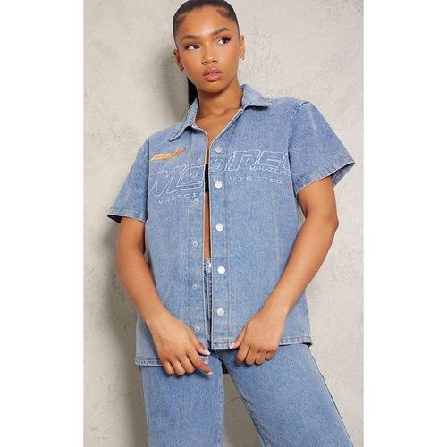 Chemise Style Pilote En Jean Délavage Bleu Clair À Manches Courtes, 36